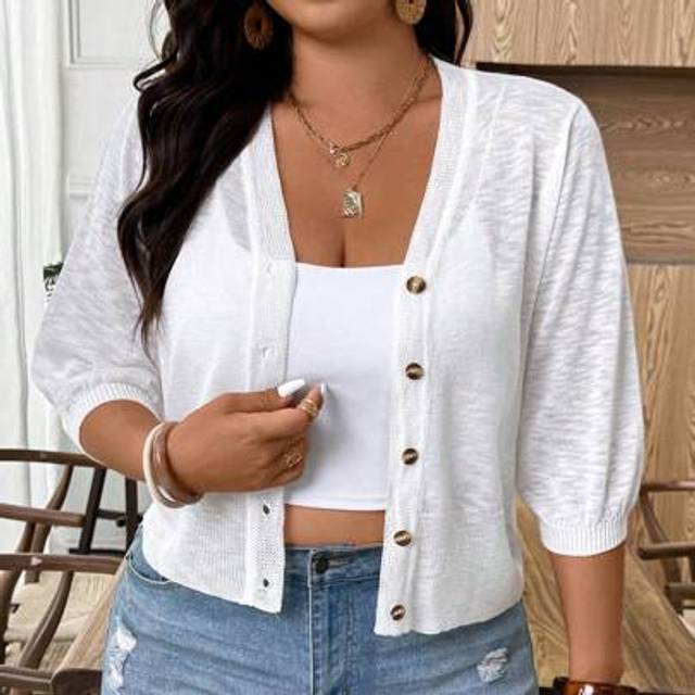 SHEIN Plus Size Women&#39;s Casual 3/4 Sleeve Button Up Solid Color Sun-Blocking Vacation Bamboo Node Linen Cardigan Sweater