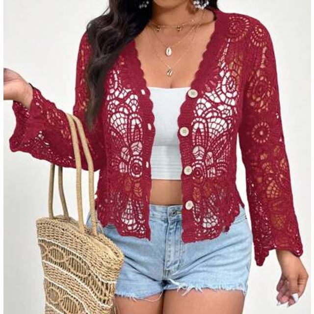 SHEIN Plus Size Vacation Casual Laser Cut Embroidered Cardigan