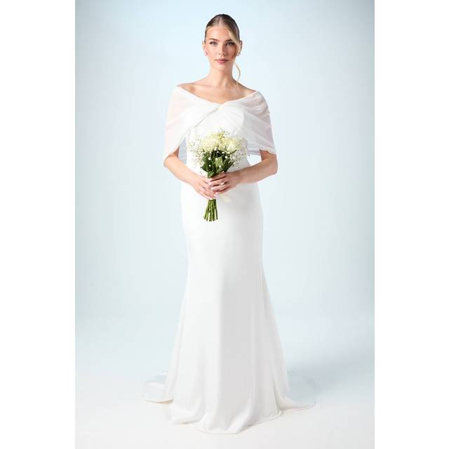 Chiffon Bardot Satin Maxi Wedding Dress with Drape Detail - Ivory - 12