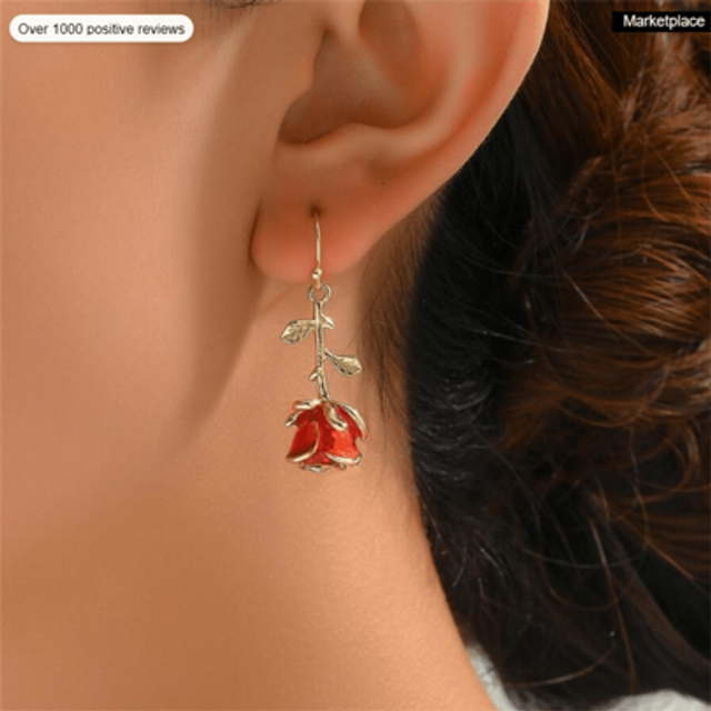 SHEIN 1pair Romantic & Cute Metal Rose Flower Red Enamel Creative Punk Style Dangle Earrings, Suitable For Holiday Party & Date
