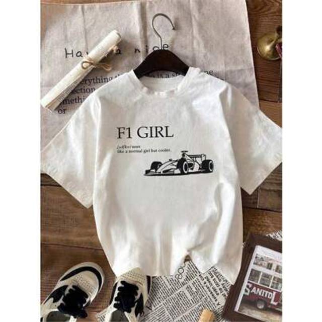 SHEIN Women&#39;s Casual Retro Cool Girl F1 Racing Printed Round Neck Short Sleeved T-Shirt, Daily White T-Shirt