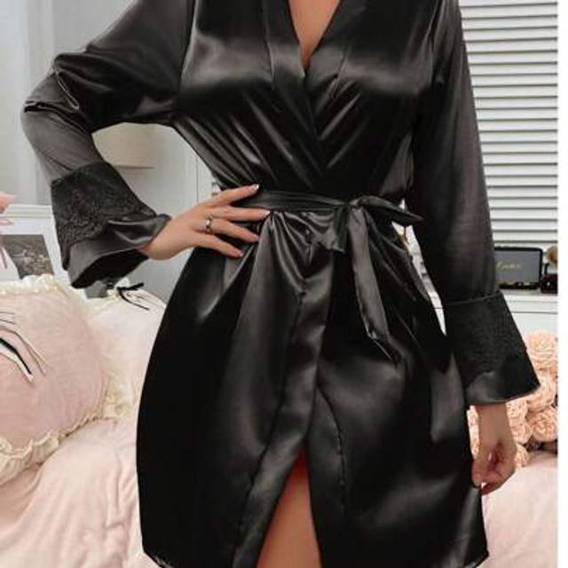 SHEIN 1pcWomen&#39;s Black New Long Sleeve Casual Comfortable Breathable Sexy Tie Home Bathrobe,Four Seasons Home Bathrobe,Summer Bathrobe,Autumn Bathrobe,Winte
