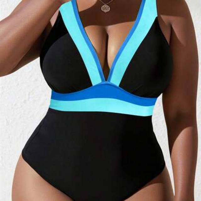 SHEIN Plus Size Women Deep V-Neck Colorblock Backless One Piece Swimsuit, Suitable For Summer Beach Resort
