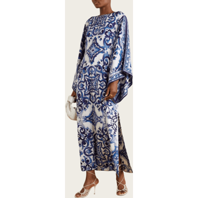 SHEIN New Arrival Fashionable & Elegant Blue & White Porcelain Print Loose Round Neck Split Hem Dress