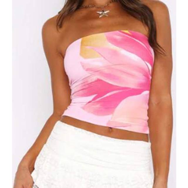 SHEIN Women Y2K Floral Tube Top Flower Printed Strapless Going Out Crop Top Sleeveless Off Shoulder Bandeau Tank Top