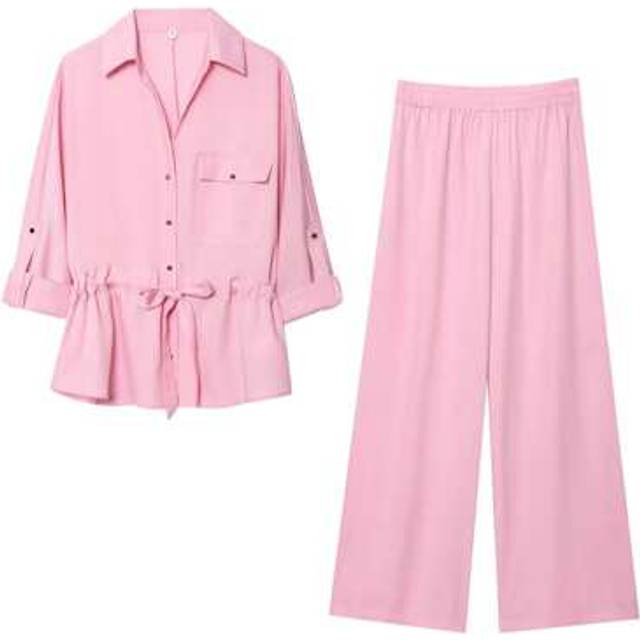 SHEIN HH Women&#39;s Chic New In Matching Pant Suit Stylish Pink Co-Ord Set Crepe Shirt With Adjustable Waist And Crepe Wide Leg Pants