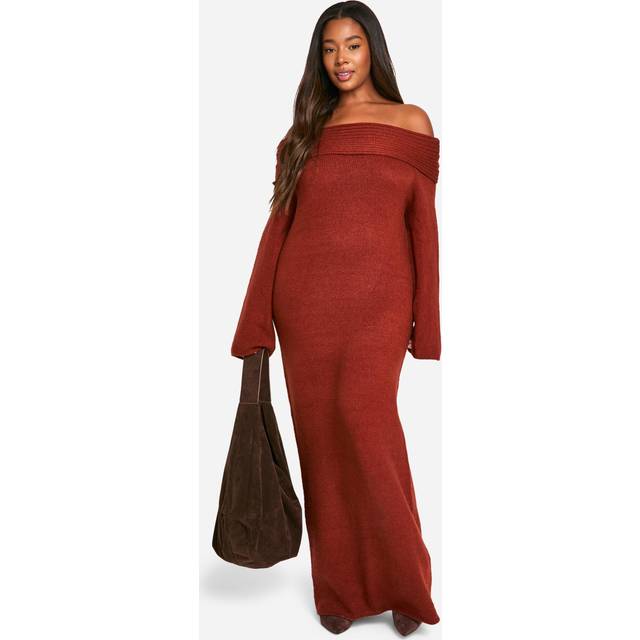 Womens Plus Premium Oversized Rib Bardot Neckline Soft Knit Jumper Dress - Brown - 26