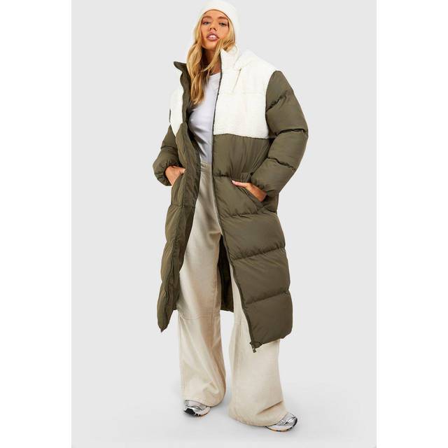 Womens Teddy Panelled Longline Puffer Jacket - Green - 10, Green