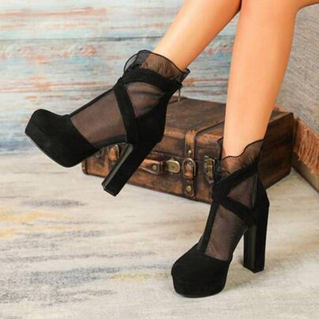 SHEIN Women&#39;s Floral Mesh Round Toe Waterproof Platform Ankle Boots In Elegant Black