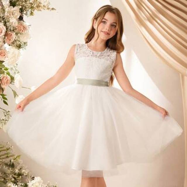 SHEIN Flower Girl Dress, Tween Girl Princess Tulle Dress, Girls White Piano Recital Dance Performance Gown, Tween Girls Birthday Party Wedding Evening Dress