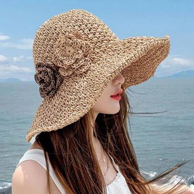 SHEIN Women&#39;s Summer Straw Beach Hat With Flower Decoration, Foldable Sun Visor Wide Brim Cap For Sun Protection Boho