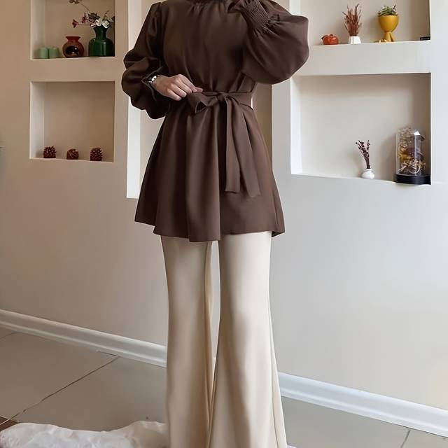 TEMU Women's Elegant Two-piece Yt Set - Beige Pants And Brown Blazer With Bow Detail, Spring/summer/fall, Polyester Fabric, Traditional & Cultural Style, Casual Attire|yt Jacket|polyester Fabric
