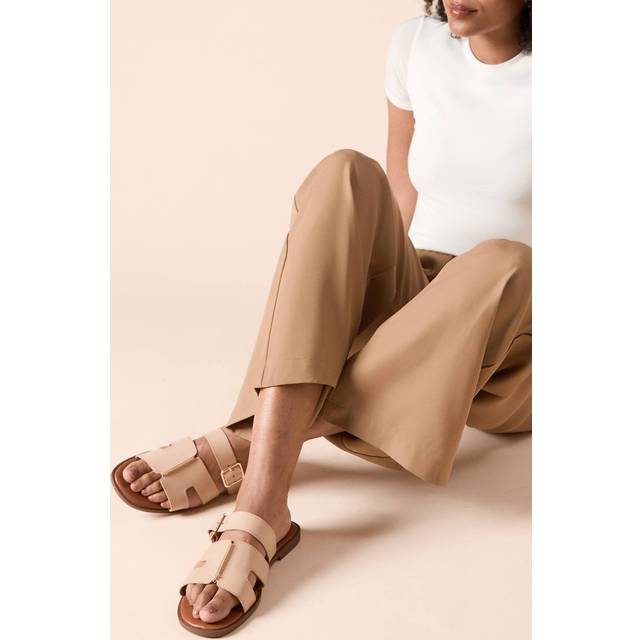 Womens Finley Faux Leather Buckle Detail Padded Sock Sliders - Beige - 5