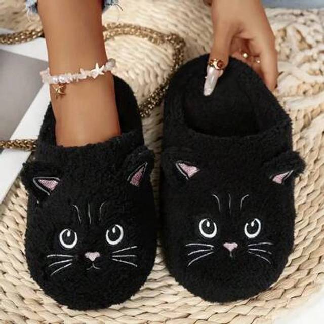 SHEIN Women&#39;s Plush Cat Pattern Slippers - Soft & Comfortable Indoor Slippers, Cute Cartoon Cat House Slippers For Spring, Autumn And Winter, Casual Conveni