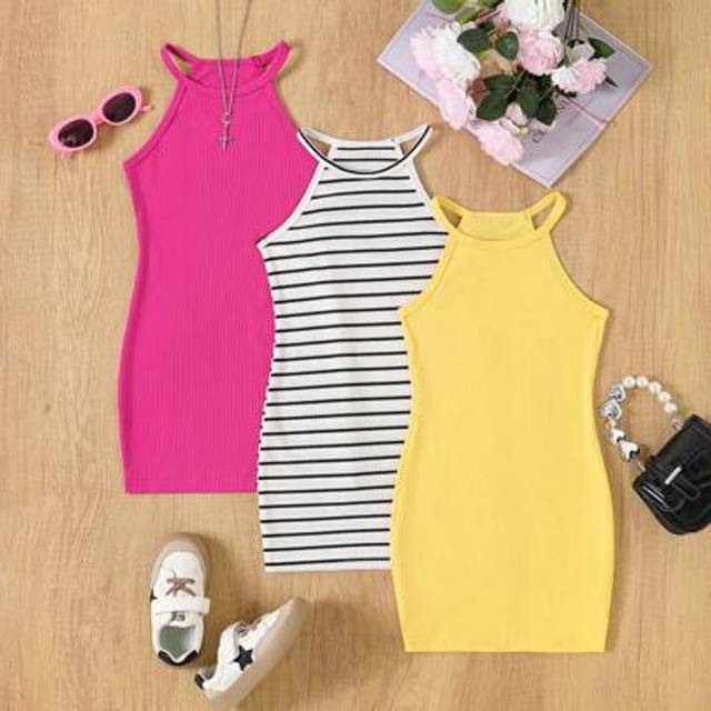SHEIN 3pcs Set Girls Ribbed Stripe & Solid Color Comfortable Slim Fit Sleeveless Halter Dress