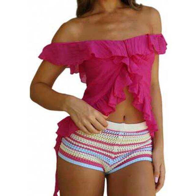 SHEIN Women Y2k Frill Trim Off Shoulder Tank Top Low Cut Solid Color Backless Sleeveless Irregular Ruffle Tassel Cami Shirt Summer Crop Top Streetwear
