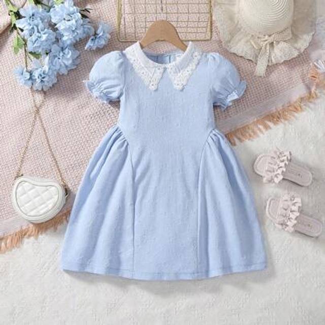 SHEIN Young Girl Summer Fresh Light Blue Bubble Short Sleeve Dress, Paired With A White Lace Collar. The Dress Is Soft And Comfortable, Perfect For Hot Summ