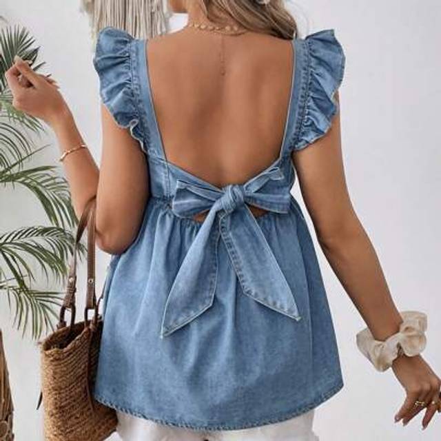 SHEIN Maternity Blue Denim Cap Sleeve Blouse, Fashionable For Summer