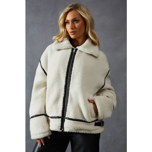 Womens Teddy Faux Fur Aviator Jacket - White - L