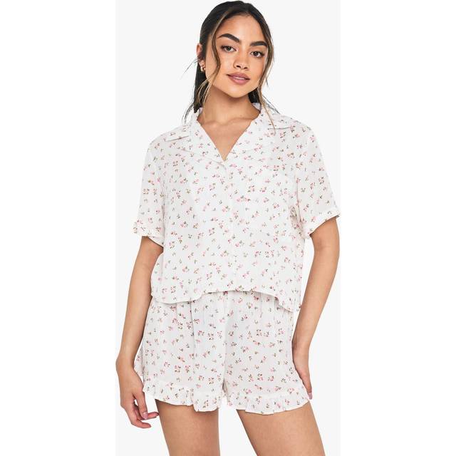 Womens Floral Print Cheesecloth Short Sleeve Shirt & Shorts Pyjama Set - Pink - 10, Pink