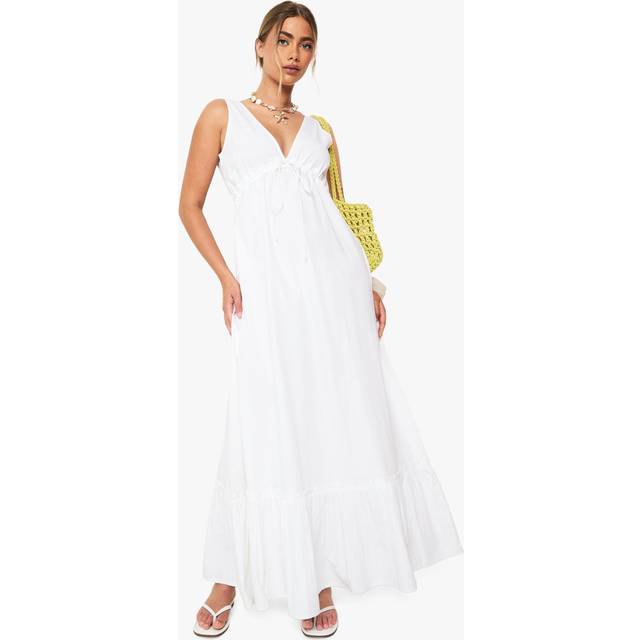 Womens Cotton Poplin Ruched Tiered Maxi Dress - White - 10, White