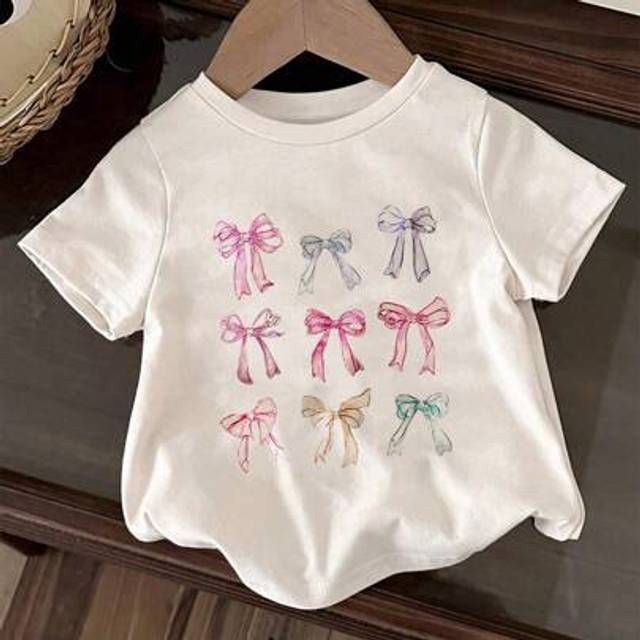 SHEIN Baby Girl Summer Casual Butterfly Printed Short Sleeve Tee With Bow