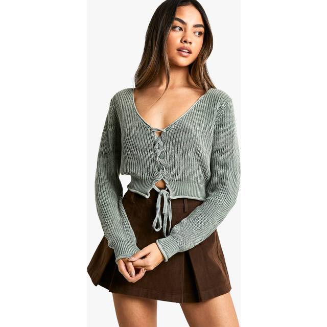 Womens Acid Wash Lace Up Crop Cardigan - Green - M