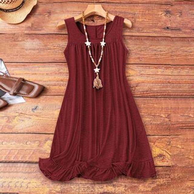 SHEIN Women Solid Color Plus Size Sleeveless Dress Burgundy Color Women Outfit