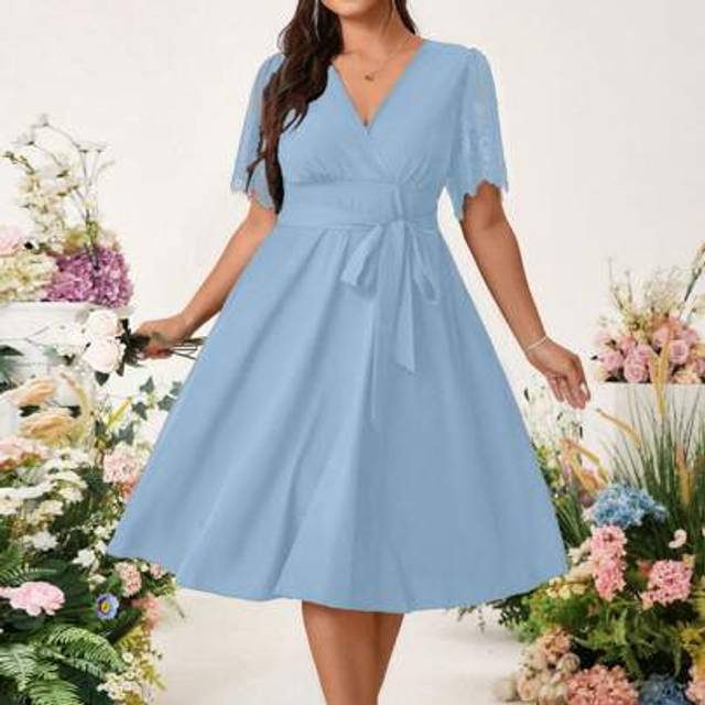 SHEIN Women&#39;s Elegant Midi Dress With Shirred, Eyelash Lace Flared Sleeves, Front Tie Waist Belt And Gathered Back Hemline