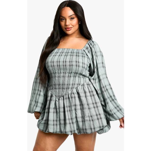 Womens Plus Checked Puff Ball Shirred Dress - Blue - 16, Blue