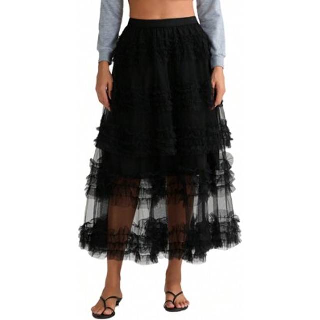 SHEIN Women&#39;s Tulle A-Line Long Skirt High Waist Sheer Mesh Tiered Ruffled Skirt For Summer, Spring