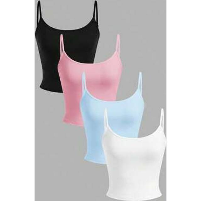 SHEIN 4pcs/Set Women&#39;s Black, Pink, Blue, White Cropped Tight Fit Casual Tank Tops, Suitable For Summer Back To School