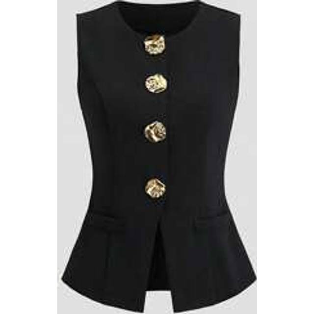 SHEIN Plus Size Sleeveless Blazer With Large Buttons, Solid Color Fashion Suitable For Summer