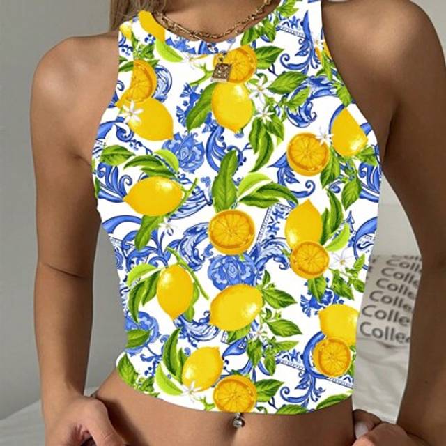 SHEIN Casual & Minimalist Round Neck Bodycon Women Tank Top, Suitable For Summer Lemon Print Top