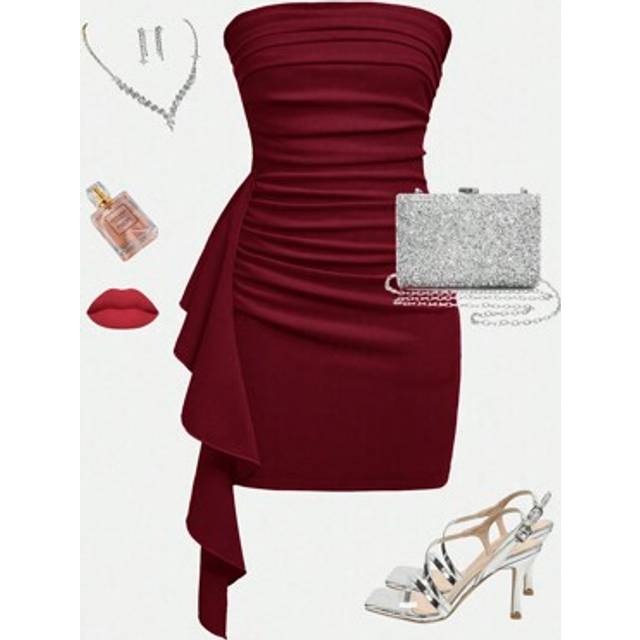 SHEIN Solid Color Knitted Ruffle Trim Smocked Elegant Fashion Party Tube Dress, New Year Eve Outfit For Teen Girls GraduationÂDress