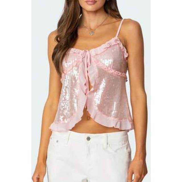 SHEIN Womens Sleeveless Peplum Cami Top Sequin Lace Hem Spaghetti Strap Babydoll V Neck Ruffle Crop Boho Tank Tops