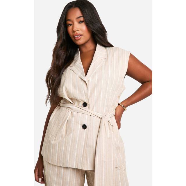 Womens Plus Stripe Linen Look Sleeveless Tie Waist Blazer - Cream - 28, Cream
