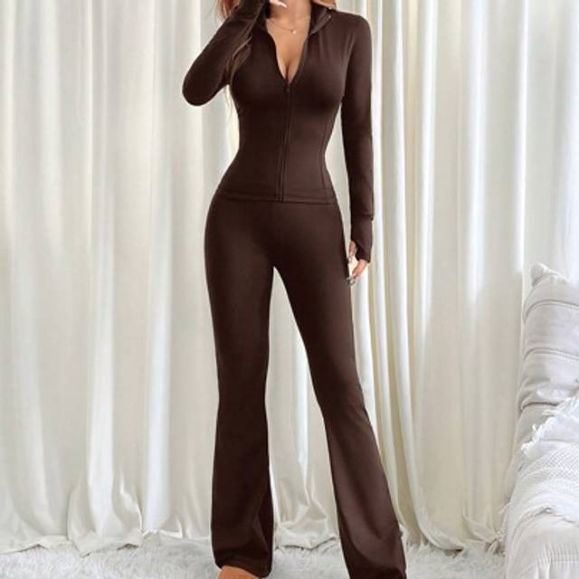 SHEIN 2pcs Women Casual Solid Color Long Sleeve Top And Flared Pants Set, Autumn/Winter