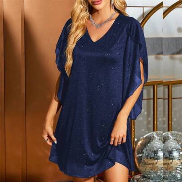 SHEIN Women&#39;s Sparkly Sequins Shiny Glitter Casual Loose Dress Ladies Elegant 3/4 Ruffled Split Sleeve V Neck Summer Short Mini Dress Formal Cocktail Evenin