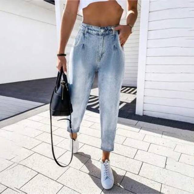SHEIN Women&#39;s Casual Commuter Outing Pleated 7/8 Length Denim Mom Jeans, Autumn