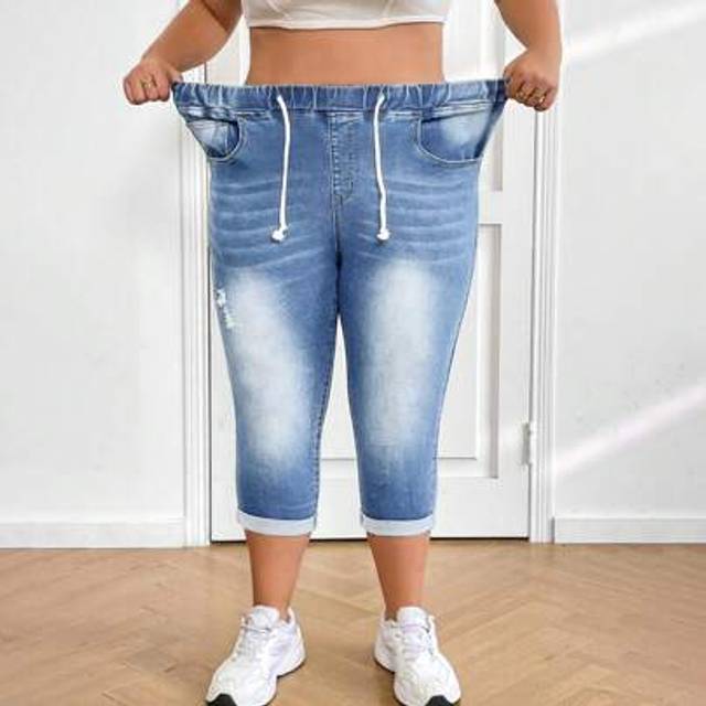 SHEIN Plus Size High Waisted Elastic Tie Front 7/8 Length Denim Jeans, Summer, Vacation