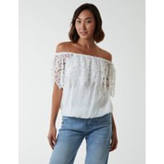 Blue Vanilla Womens Crochet Lace Puffball Top - Ivory - Size Small