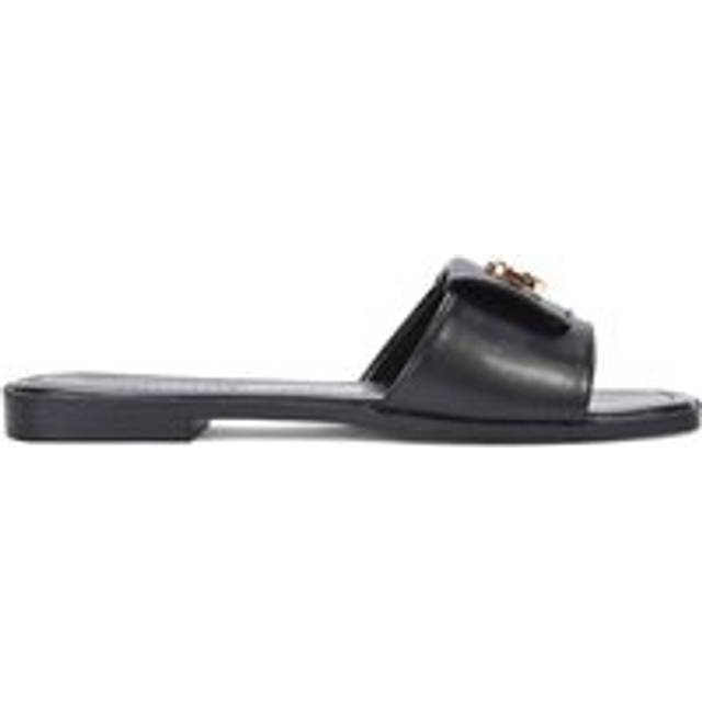 'Leigh' Open Toe Foldover Buckle Slip On Flat Slider Mules - Black - 8