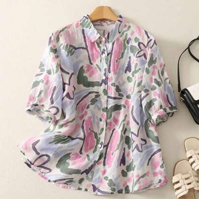 SHEIN Women Summer Linen-Like Color Ink Print Loose Bohemian Lapel Short Sleeve Blouse