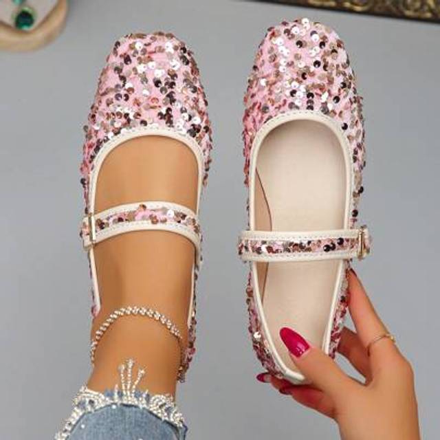 SHEIN Plus Size 35-43 Retro Mary Jane Flat Shoes, Glitter Strap Slip-On Ballet Flats, Square Toe Soft Bottom Work Shoes, Spring/Autumn New Casual Slip-On Pa