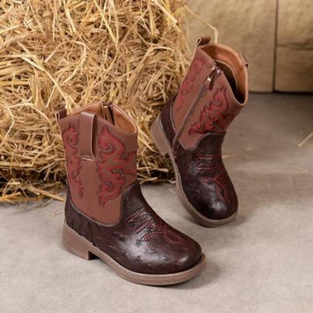 SHEIN 1 Pair Embroidered PU Leather Non-Slip Mid-Top Western Cowboy Style Boots For Boys & Girls, Suitable For Vacation, Autumn/Winter