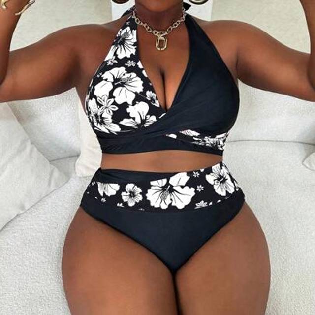 Slaydiva Plus Size Women 2pcs Printed & Solid Color Cross-Over Bikini Set, Print & Contrast Color Pants, Vacation Beach Swimwear
