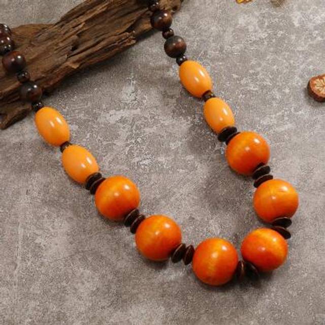 SHEIN Boho Vintage Handmade Wooden Bead Long Necklace