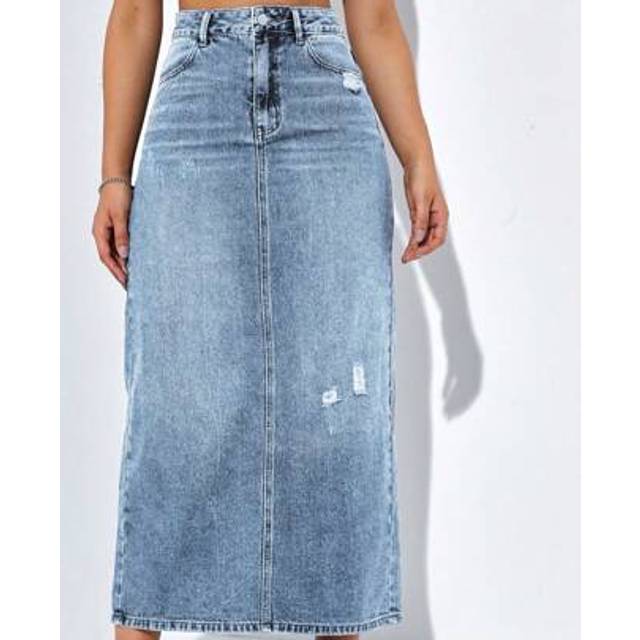 SHEIN Women Solid High Waist Ripped Denim Skirt