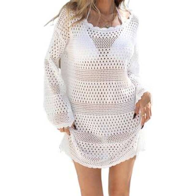 SHEIN Women Beach Cover Up Vintage Lace Cutout Long Sleeve Summer Swimsuit Coverup Bathing Suit Cover Ups Dresses